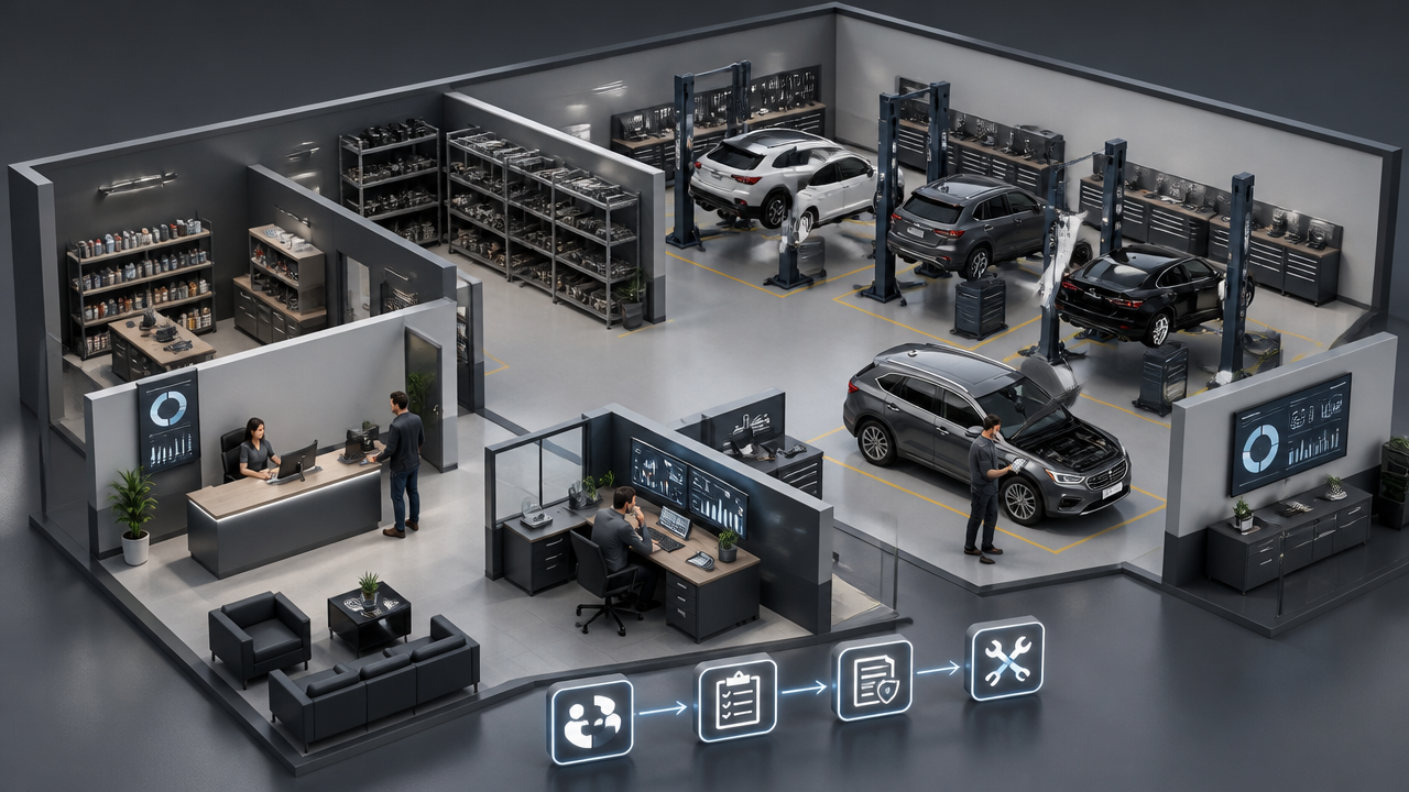 Ilustração isométrica de oficina automotiva organizada, com gestor acompanhando processos e equipe técnica em atendimento consultivo