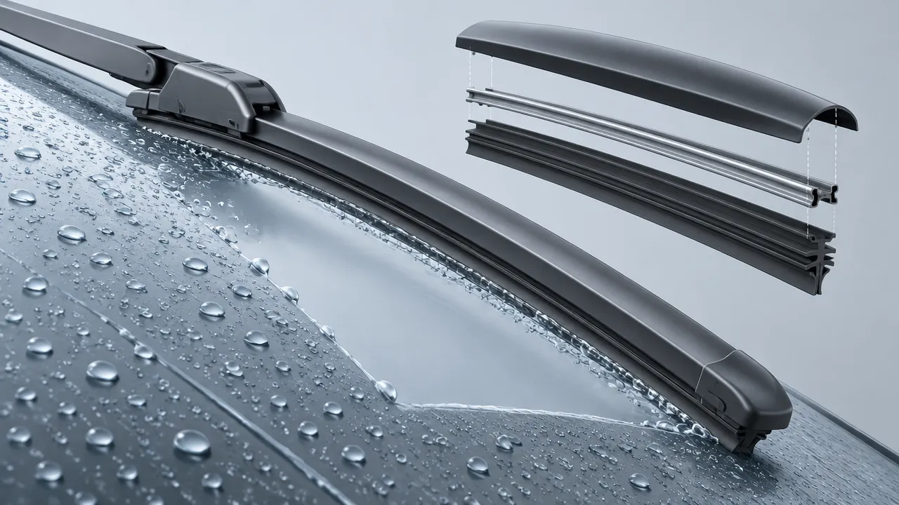 Ilustração isométrica de palheta Flat Blade em contato com vidro molhado e gotas sendo removidas