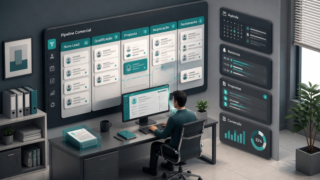 Ilustração isométrica de pipeline comercial com follow-up e CRM para BPO financeiro