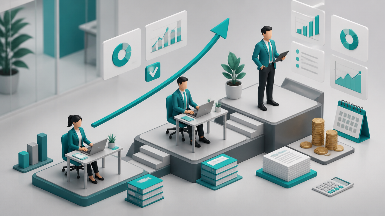 Ilustração isométrica de profissionais evoluindo na carreira de BPO Financeiro com gráficos e indicadores ao redor