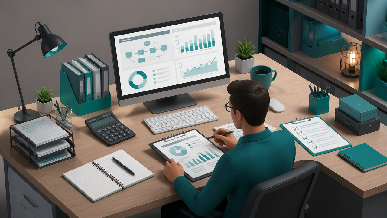 Ilustração isométrica de rotina operacional de BPO Financeiro com conciliação, contas e relatórios