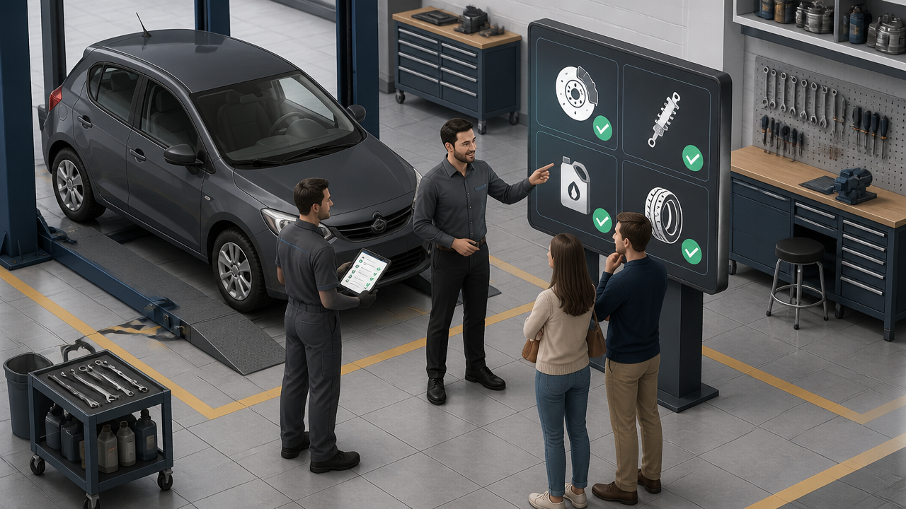 Ilustração isométrica de técnico e consultor apresentando checklist de inspeção automotiva ao cliente
