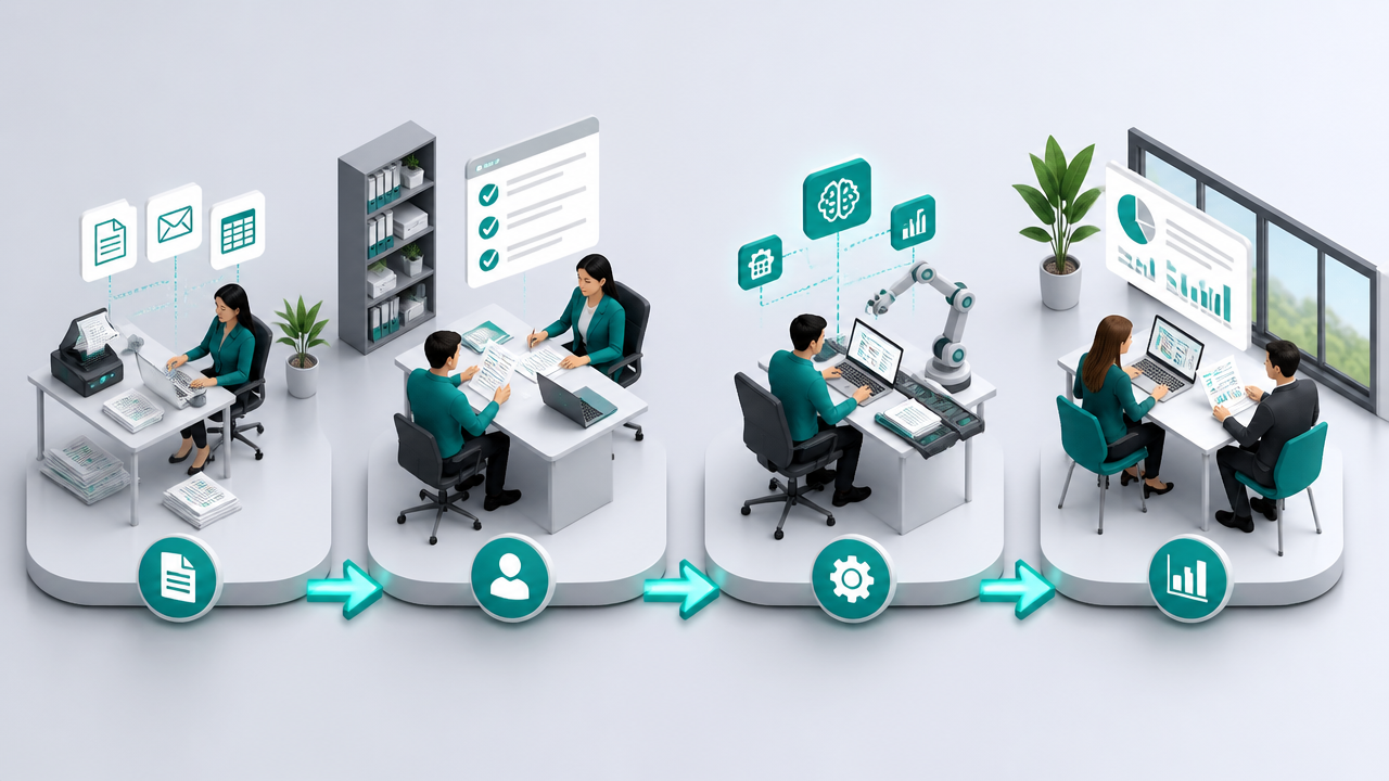 Ilustração isométrica de um fluxo de implementação de IA no BPO Financeiro, da captura de dados à validação humana e entrega de relatórios.