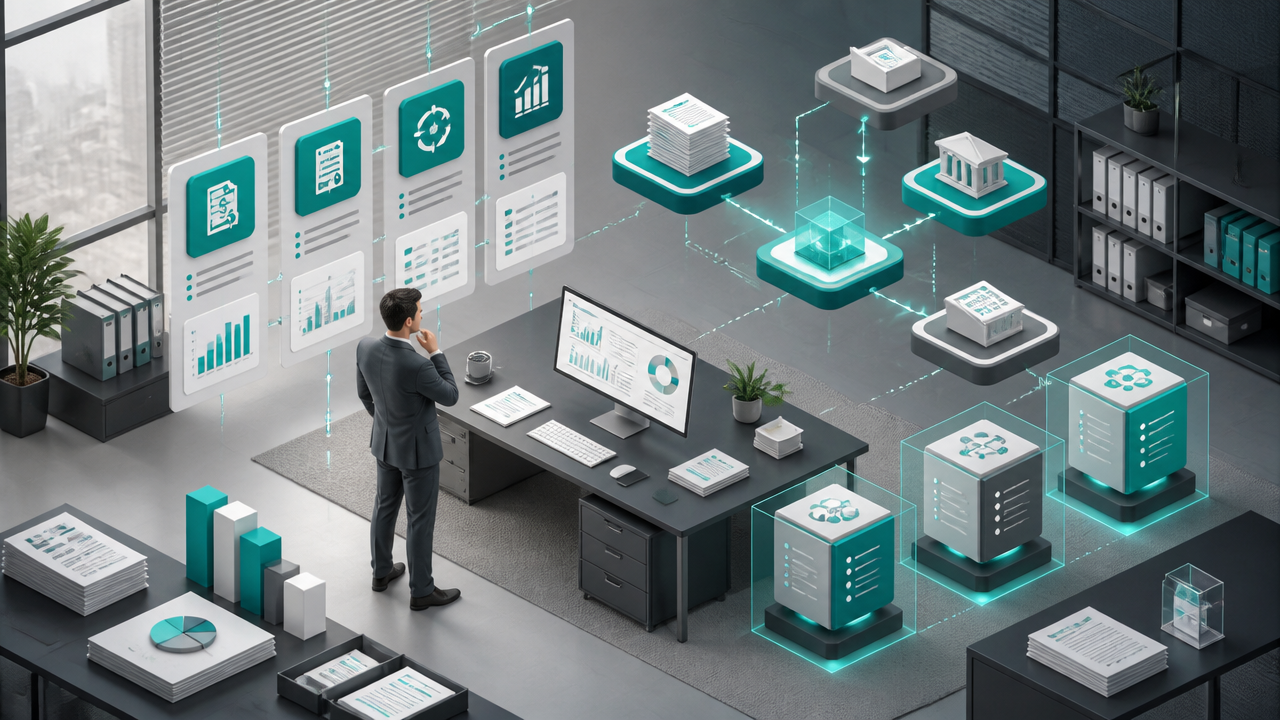 Ilustração isométrica de um profissional comparando ferramentas de inteligência artificial para rotinas de BPO Financeiro em um escritório moderno.
