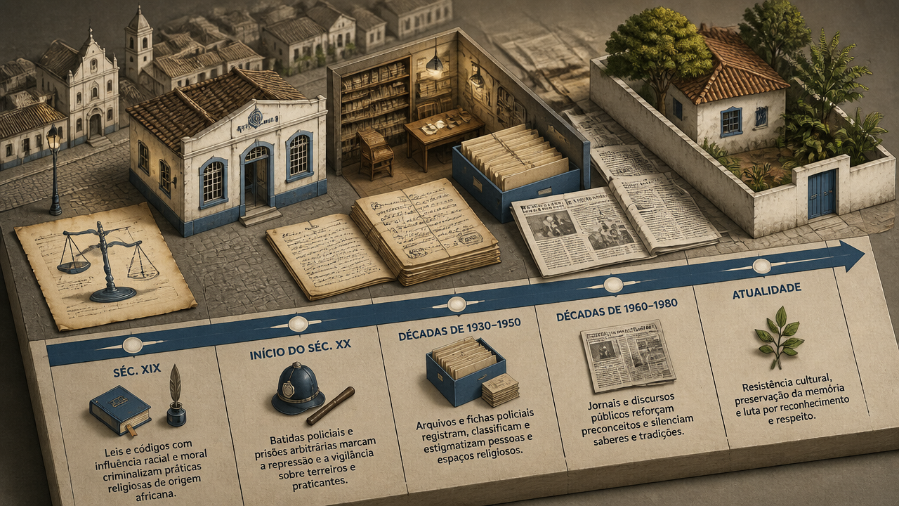 Ilustração isométrica sobre perseguição histórica às religiões de matrizes africanas no Brasil