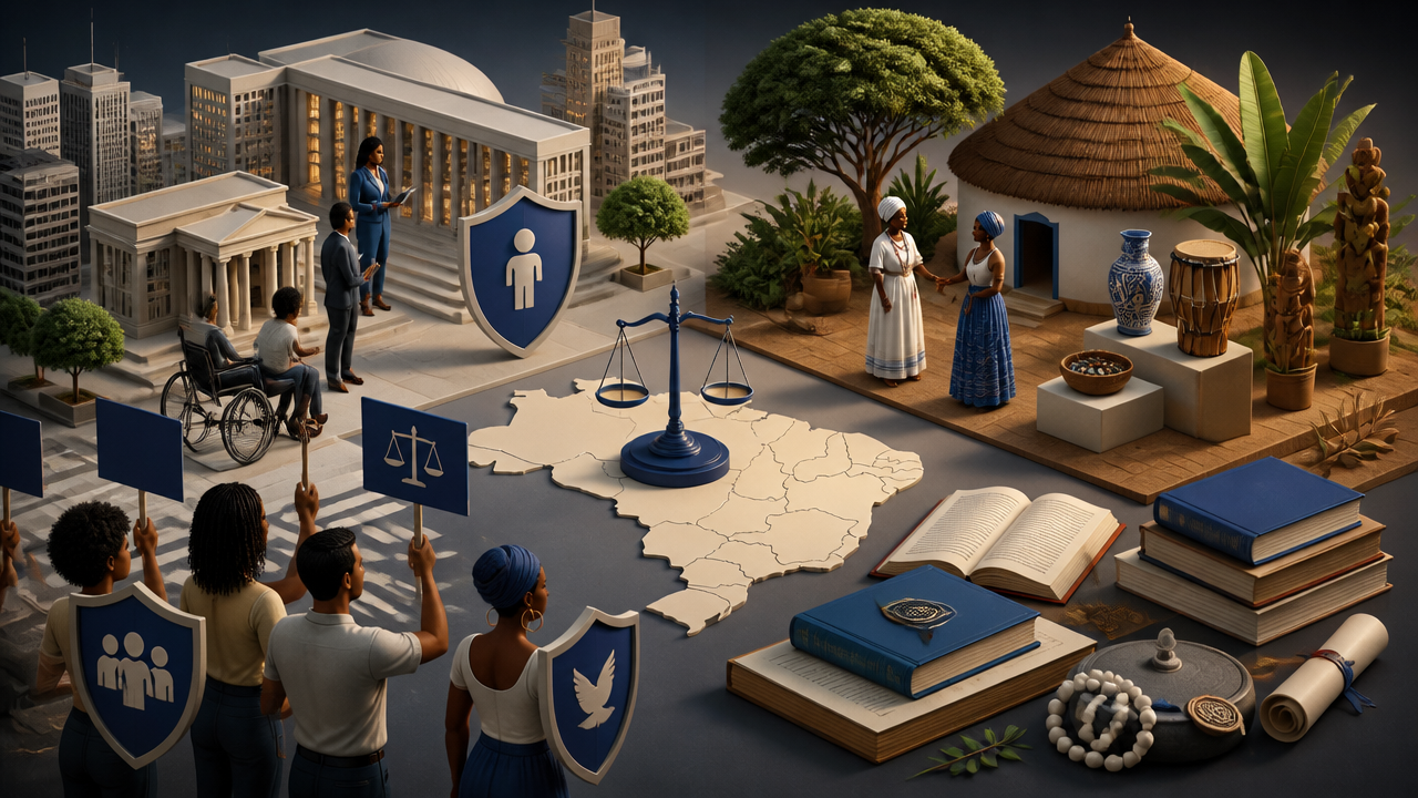 Ilustração isométrica sobre racismo religioso, liberdade de crença e proteção aos terreiros no Brasil