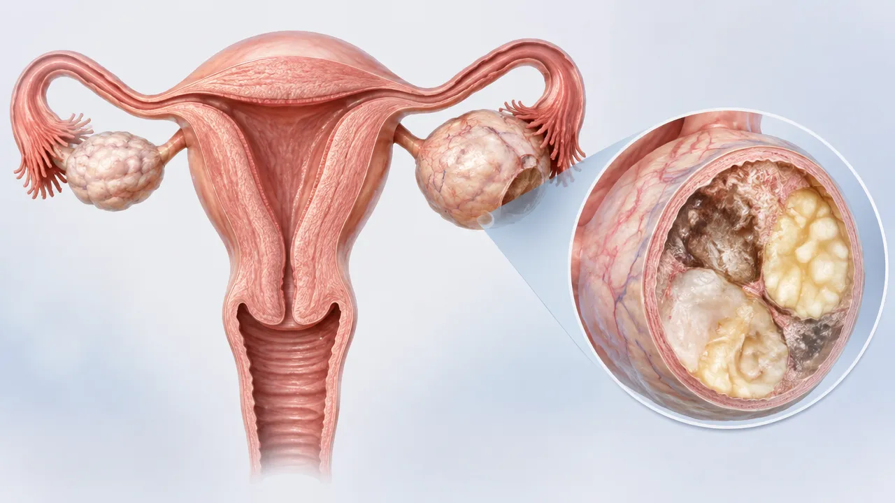 Ilustração médica do ovário com um cisto dermoide benigno em corte esquemático