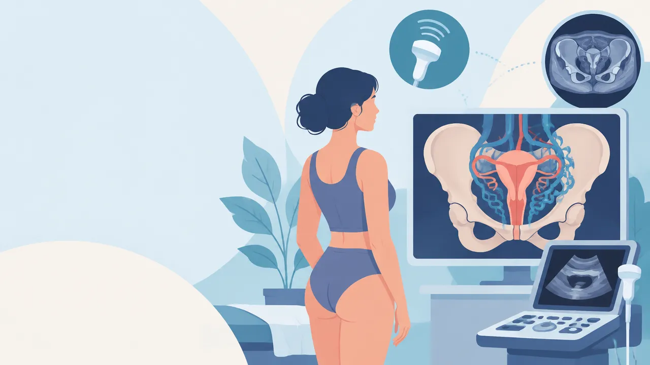 Ilustração médica mostrando a pelve e veias dilatadas ao lado de exames de imagem usados na avaliação de varizes pélvicas