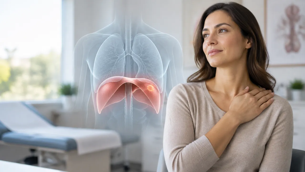 Ilustração médica realista do diafragma e da região do ombro em contexto de endometriose