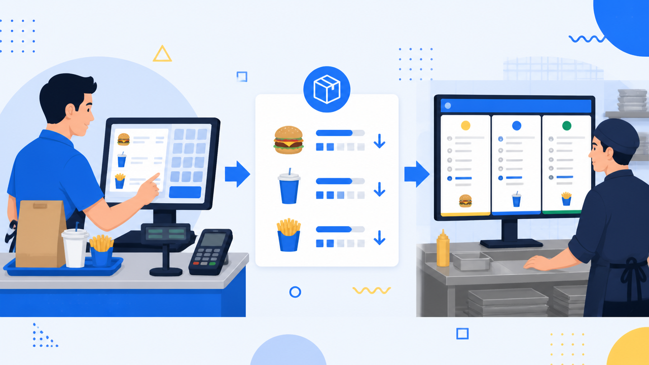 Ilustração mostrando integração entre caixa, estoque e cozinha em um sistema de PDV.
