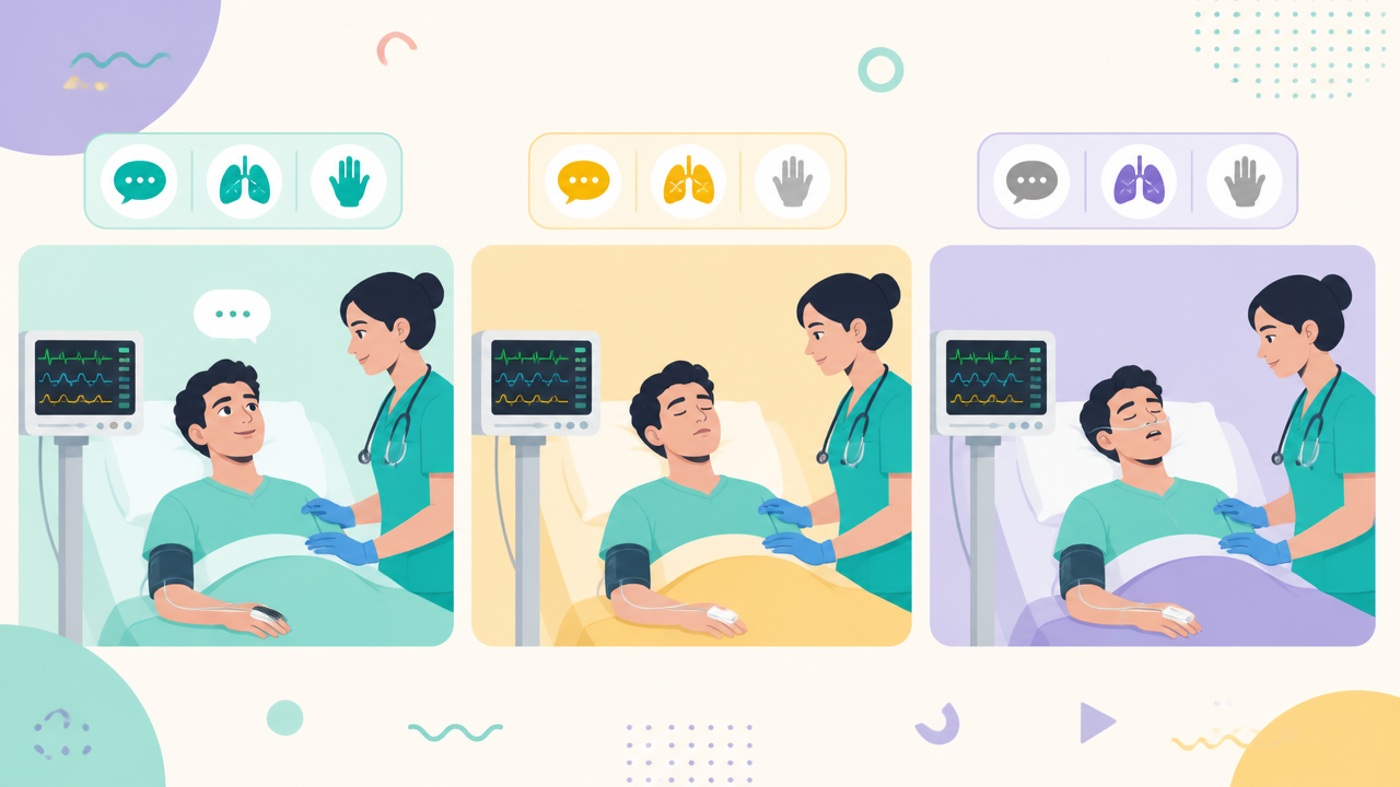 Ilustração mostrando níveis de sedação, do relaxamento leve à sedação profunda, com monitorização.