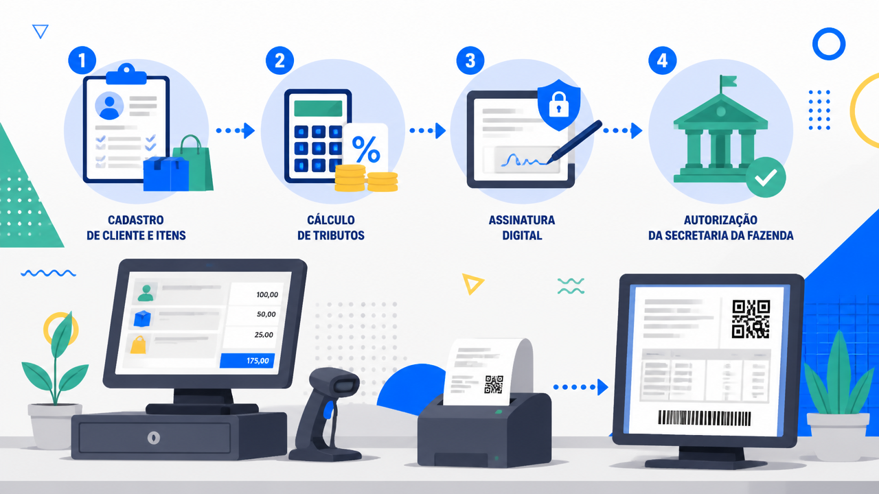 Ilustração mostrando o passo a passo da emissão correta de uma nota fiscal eletrônica no caixa.