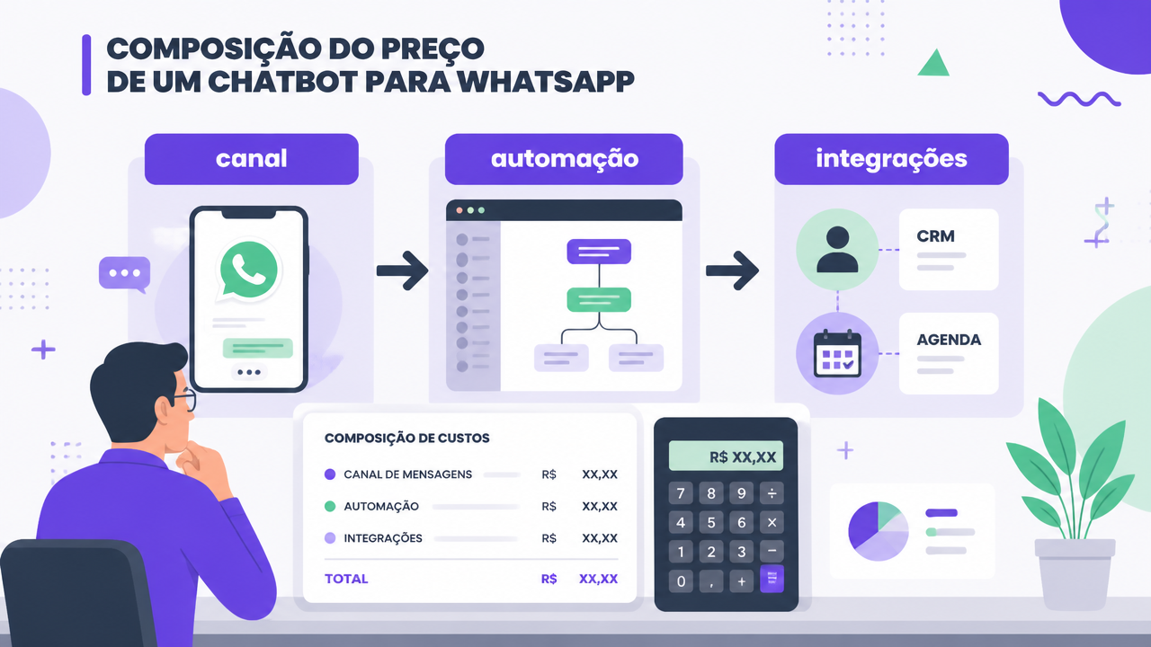 Ilustração mostrando os principais componentes do preço de um chatbot para WhatsApp.