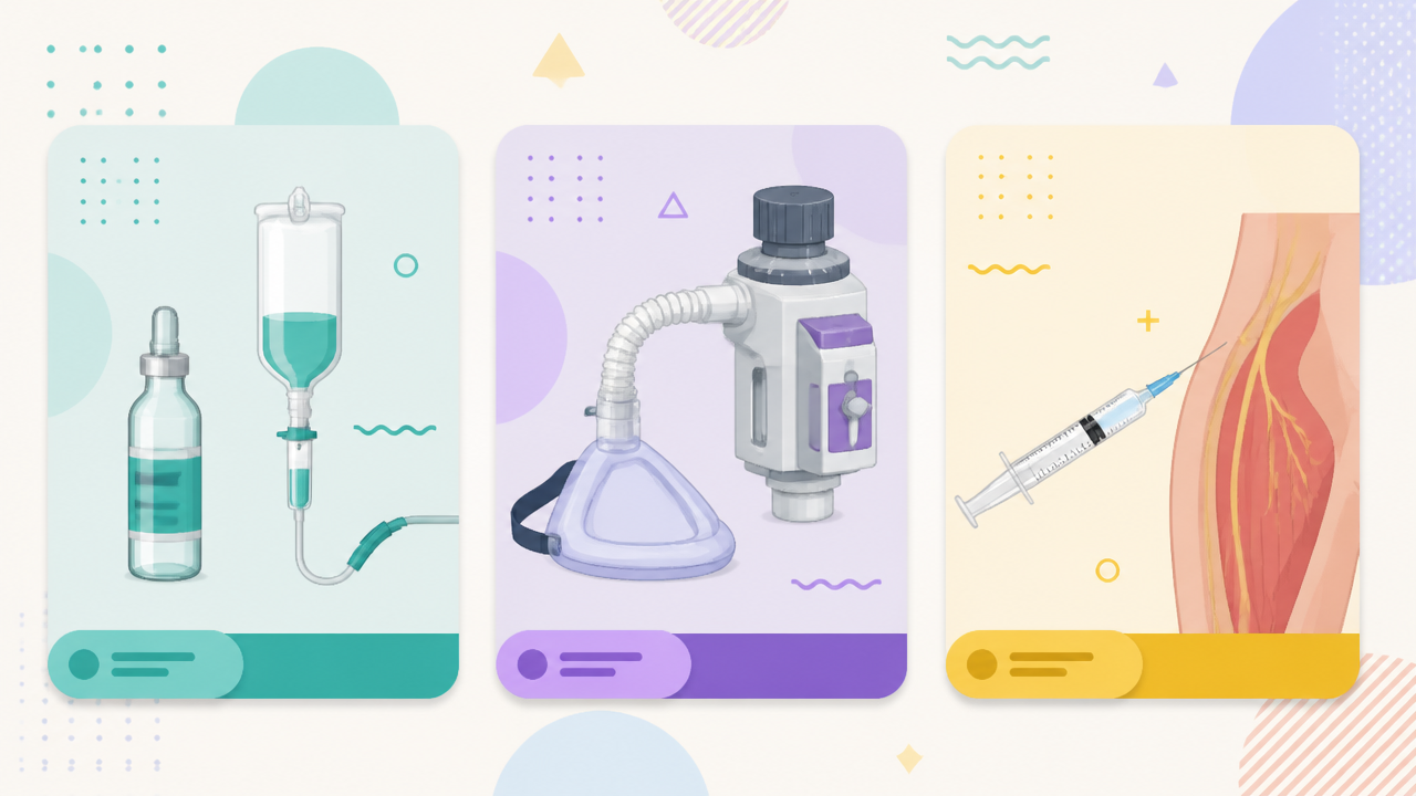 Ilustração vetorial comparando anestésicos intravenosos, inalatórios e locais em blocos didáticos.