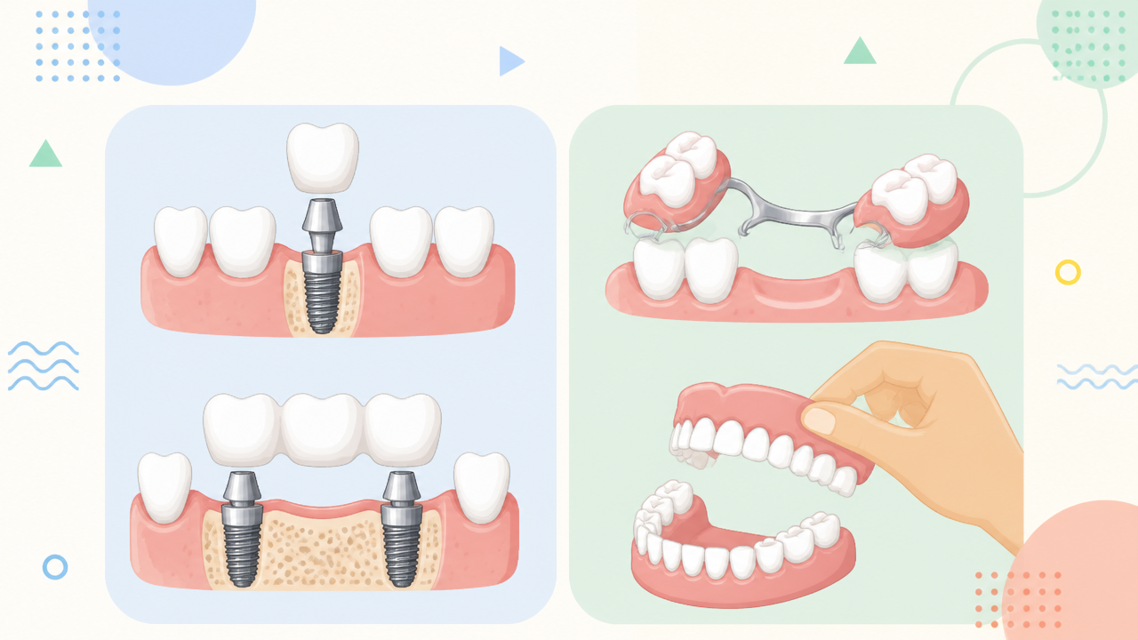 Ilustração vetorial comparando prótese fixa e prótese removível.