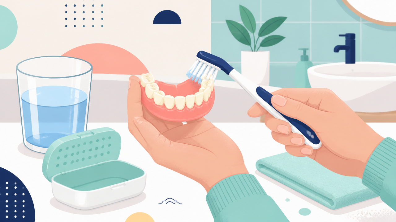 Ilustração vetorial de higienização de prótese dentária removível com escova e estojo.