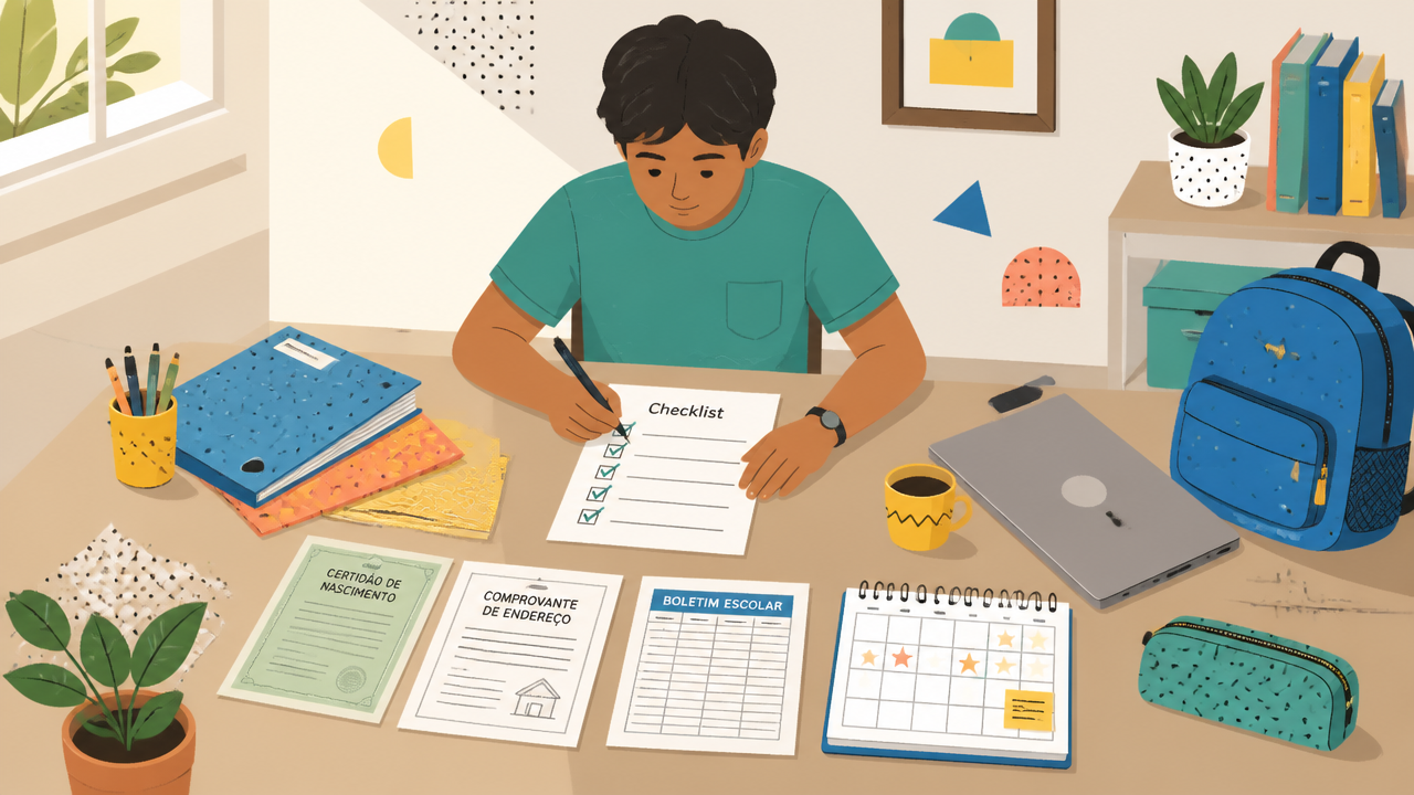 Ilustração vetorial de responsável organizando documentos para rematrícula e volta às aulas.