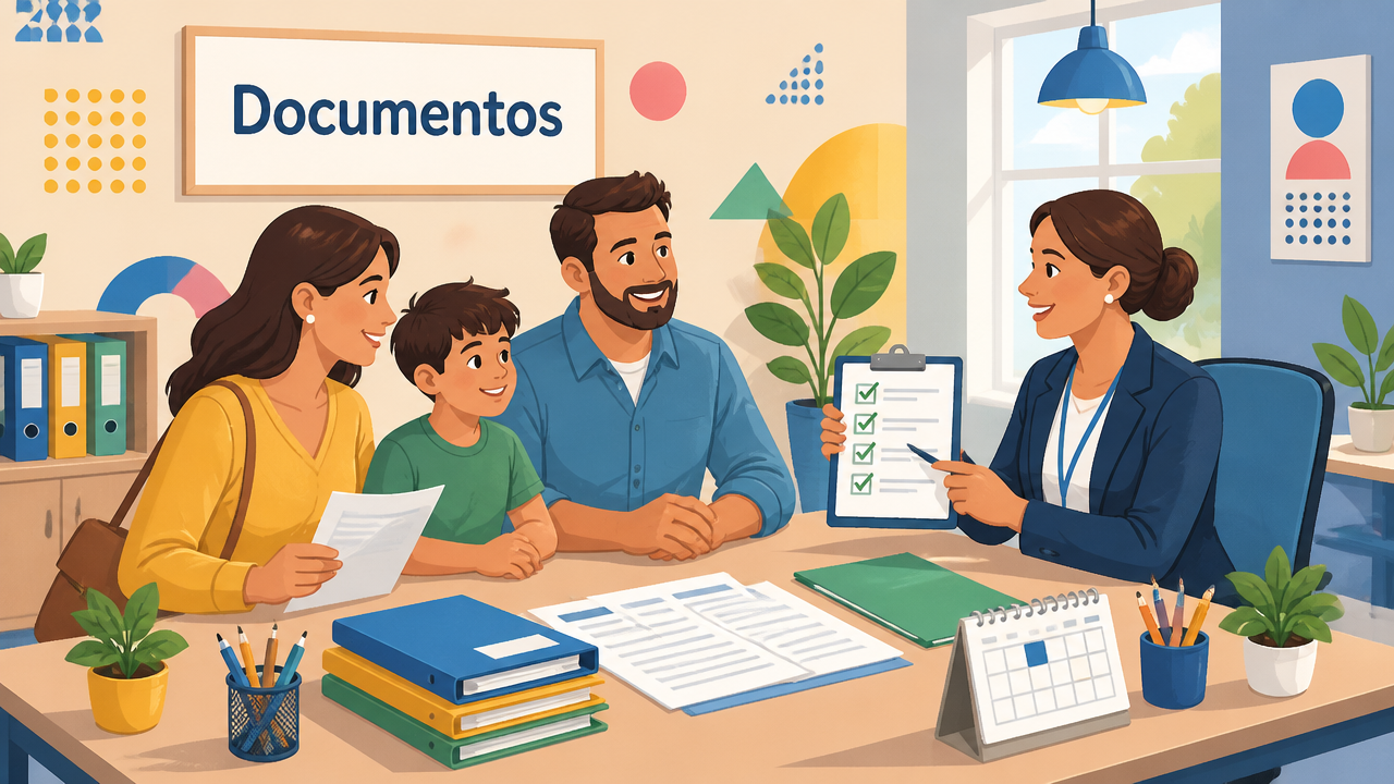Ilustração vetorial de secretaria escolar com família entregando documentos para matrícula.