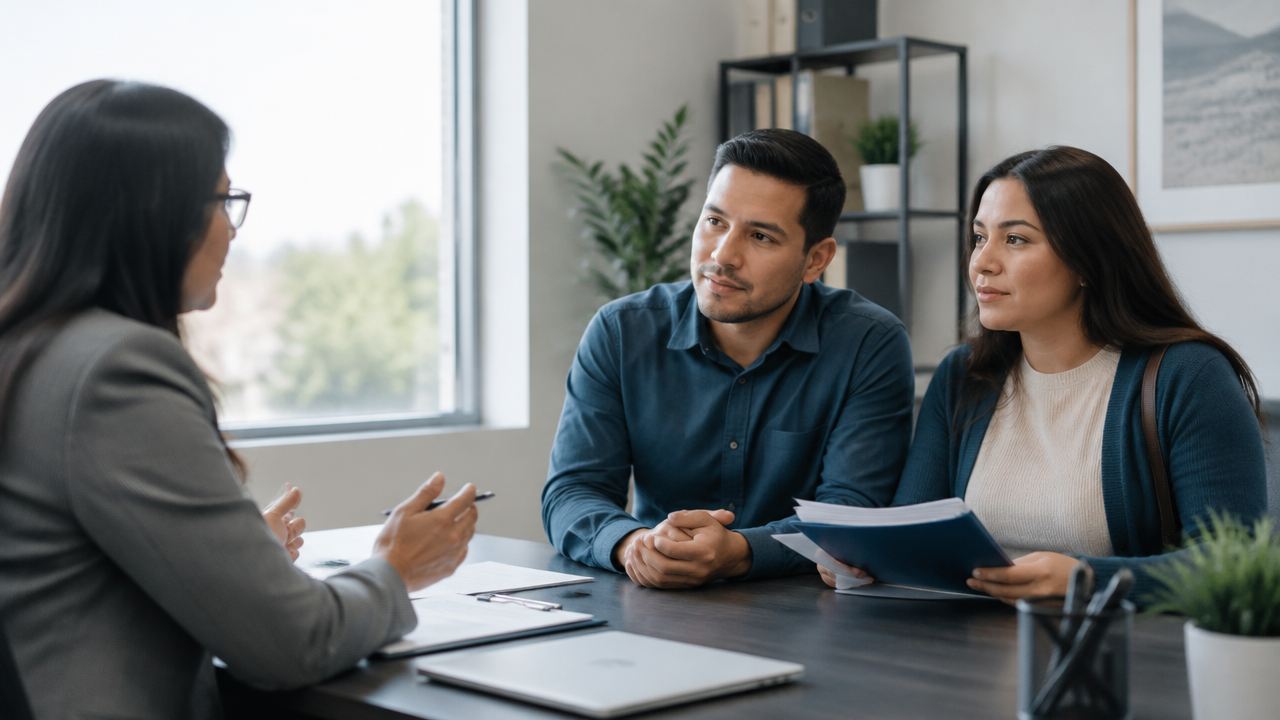 Immigrant applicants reviewing organized documents with a legal professional in a calm office