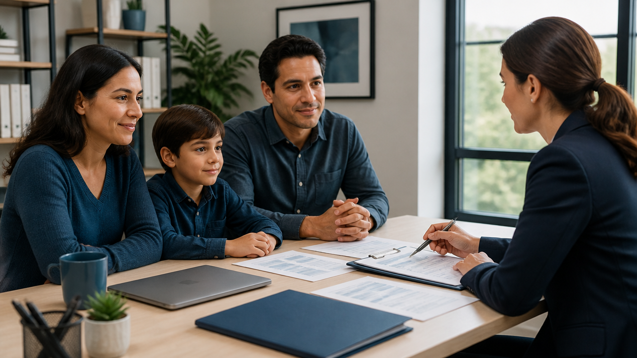 Immigrant family meeting with a professional advisor in a modern office while reviewing immigration documents