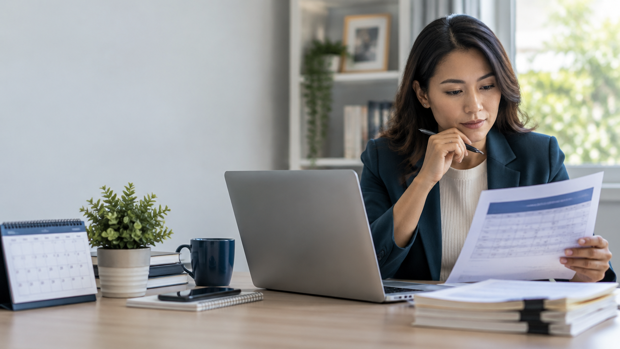 Immigration applicant reviewing a visa bulletin calendar and case timeline at a desk