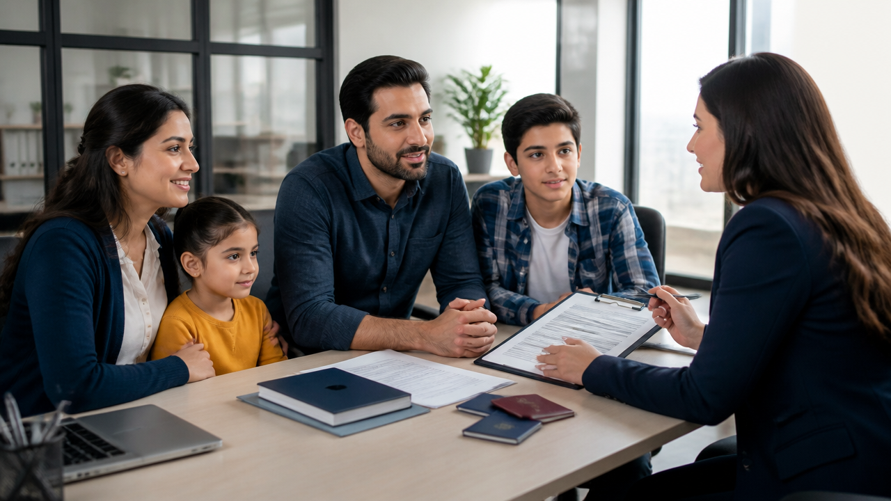 Immigration applicant reviewing documents with an advisor in a modern office