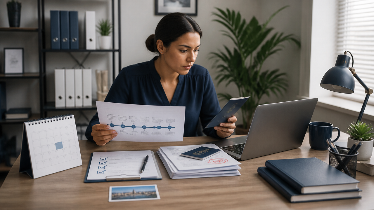 Immigration applicant reviewing visa documents and timeline at a desk
