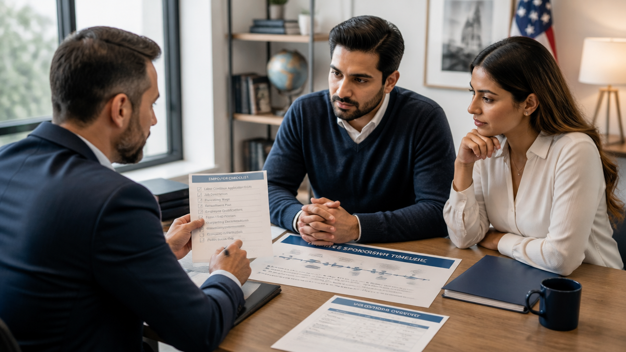 Immigration consultant reviewing sponsorship documents with a business owner and a professional in a modern office