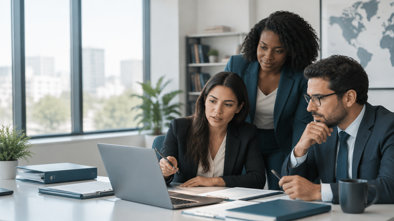 Immigration law professionals reviewing a digital case management dashboard together