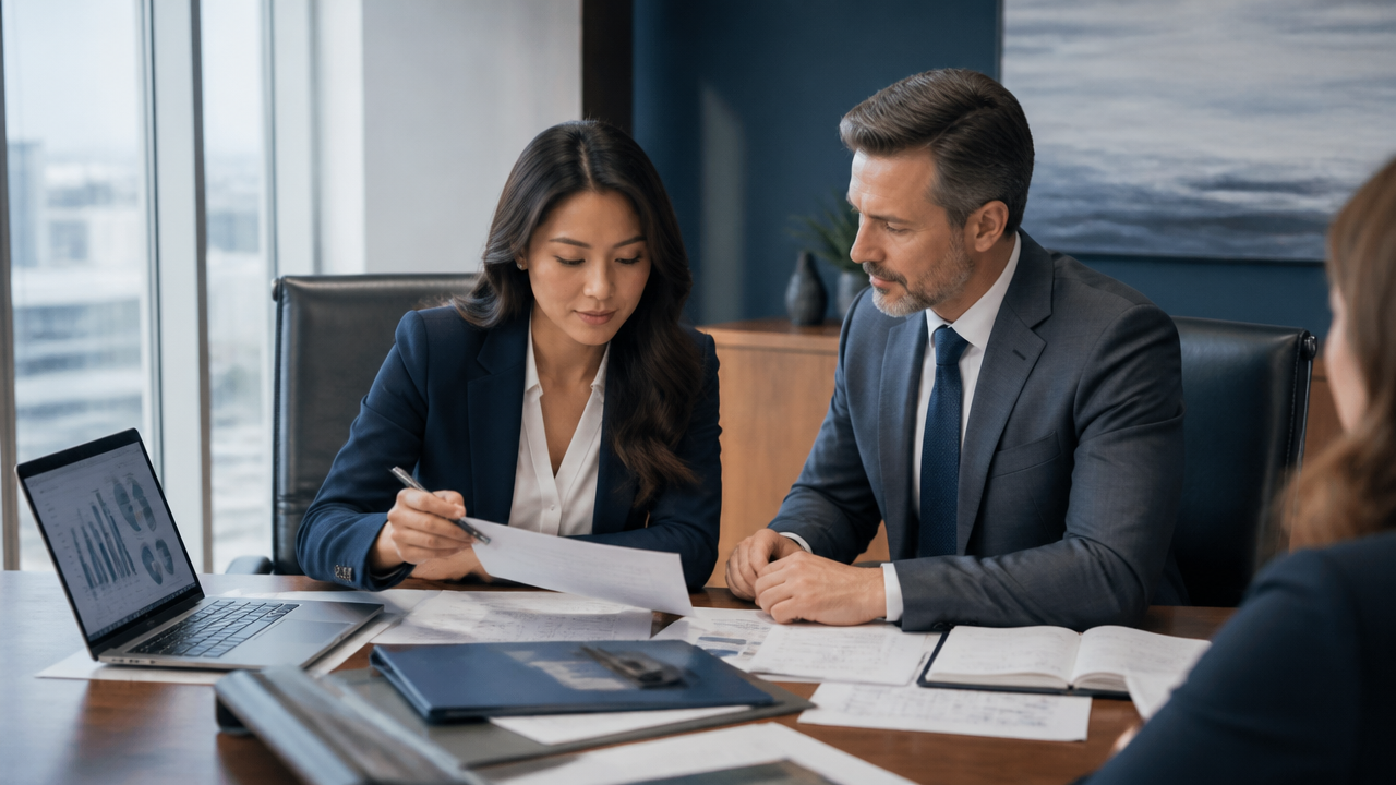 Immigration lawyer and business sponsor reviewing visa documents in a professional office