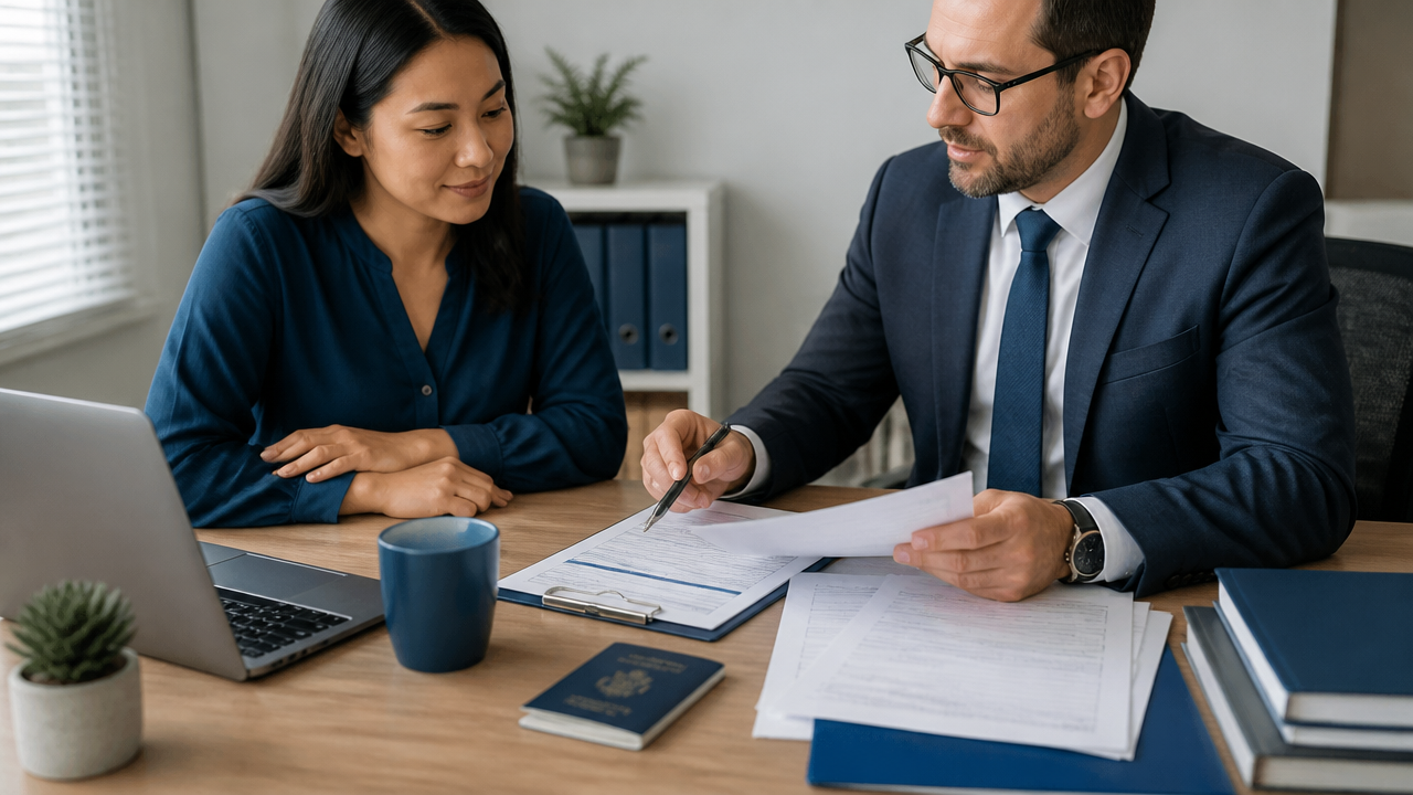 Immigration professional reviewing forms and supporting documents with a petitioner in an office.