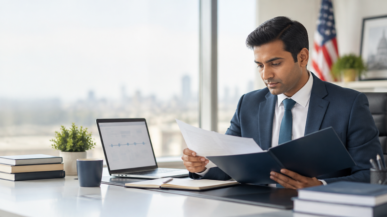 Indian professional reviewing an immigration case timeline at a desk in a modern office