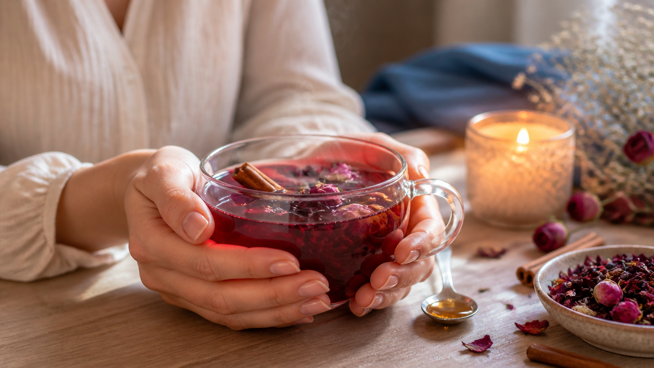 Infusão ritual para o amor com hibisco, canela, mel e pétalas de rosa em xícara de vidro