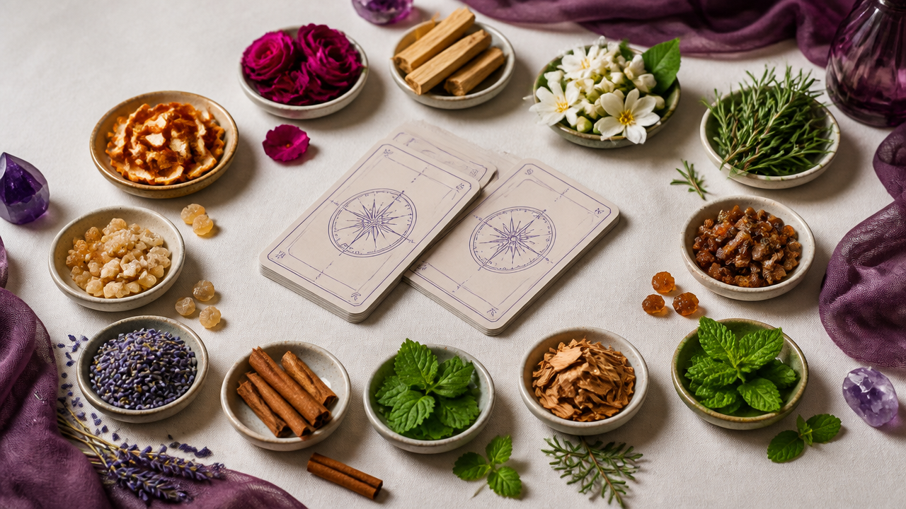 Ingredientes aromáticos e cartas de tarot organizados sobre tecido claro em composição editorial
