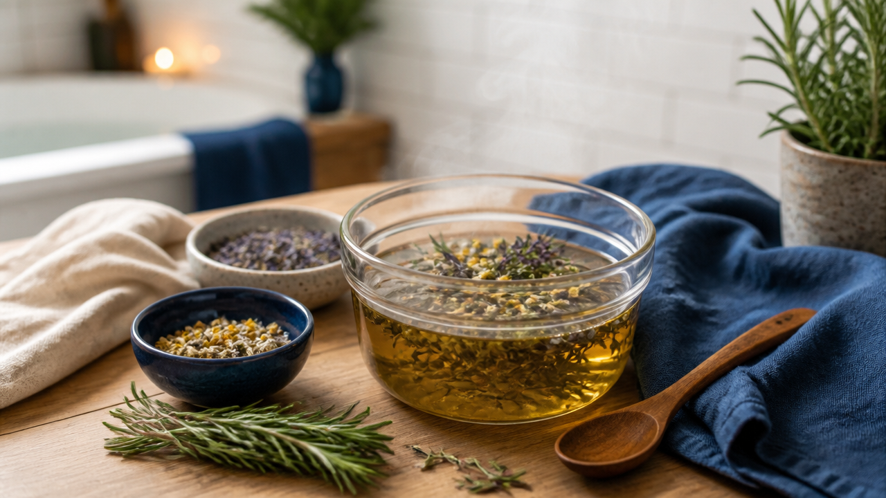 Ingredientes de um banho de ervas calmante, com camomila, lavanda e alecrim sobre uma mesa de madeira clara.