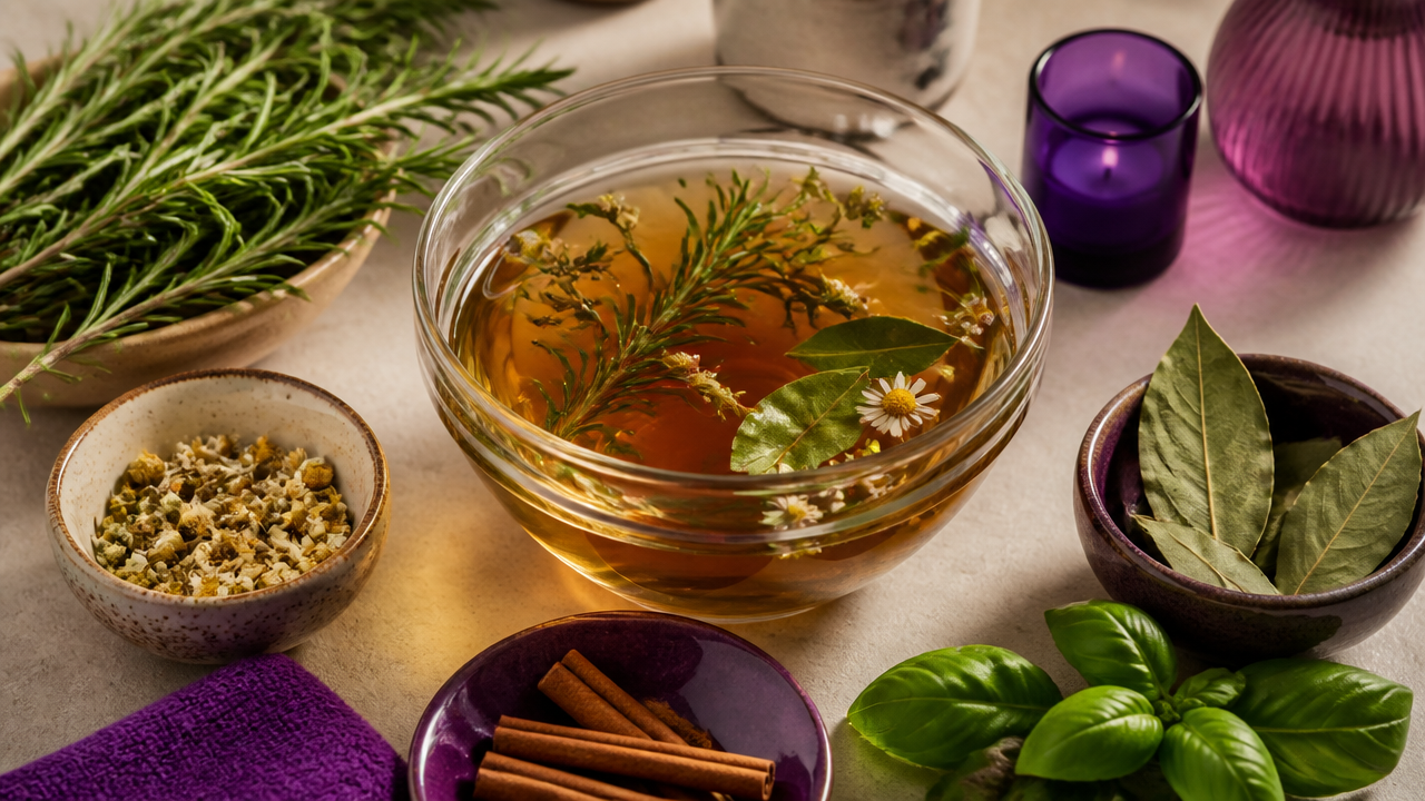 Ingredientes naturais para preparar chá energético e banho de prosperidade sobre bancada clara