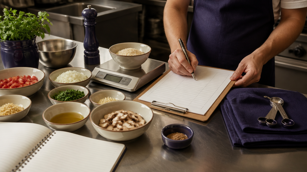 Ingredientes pesados e organizados ao lado de uma ficha de preparo em bancada profissional