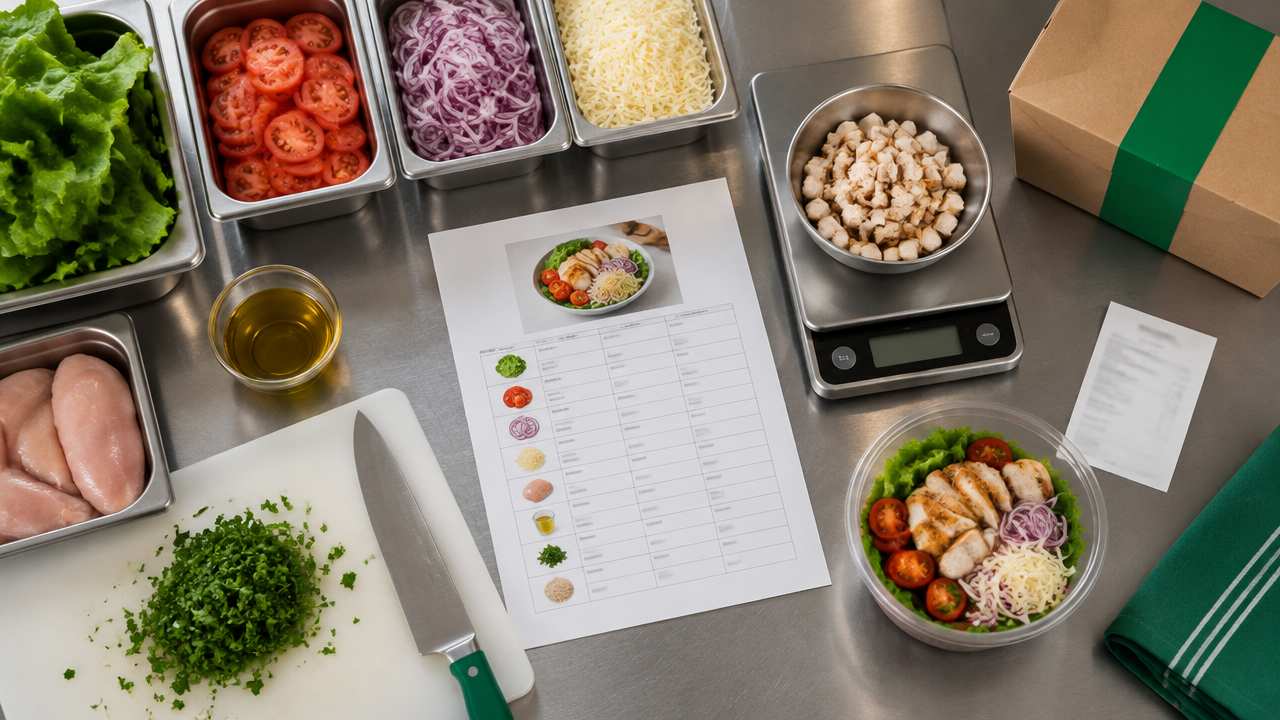 Ingredientes porcionados, balança e ficha técnica ilustram os custos variáveis de cada prato