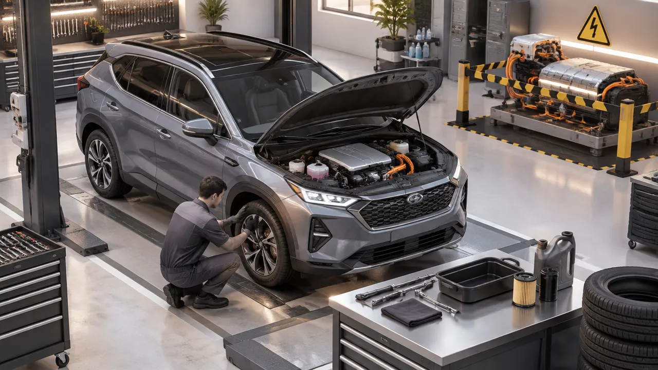 Inspeção de pneus, freios e manutenção convencional de um SUV híbrido em oficina, com sistema de alta tensão isolado