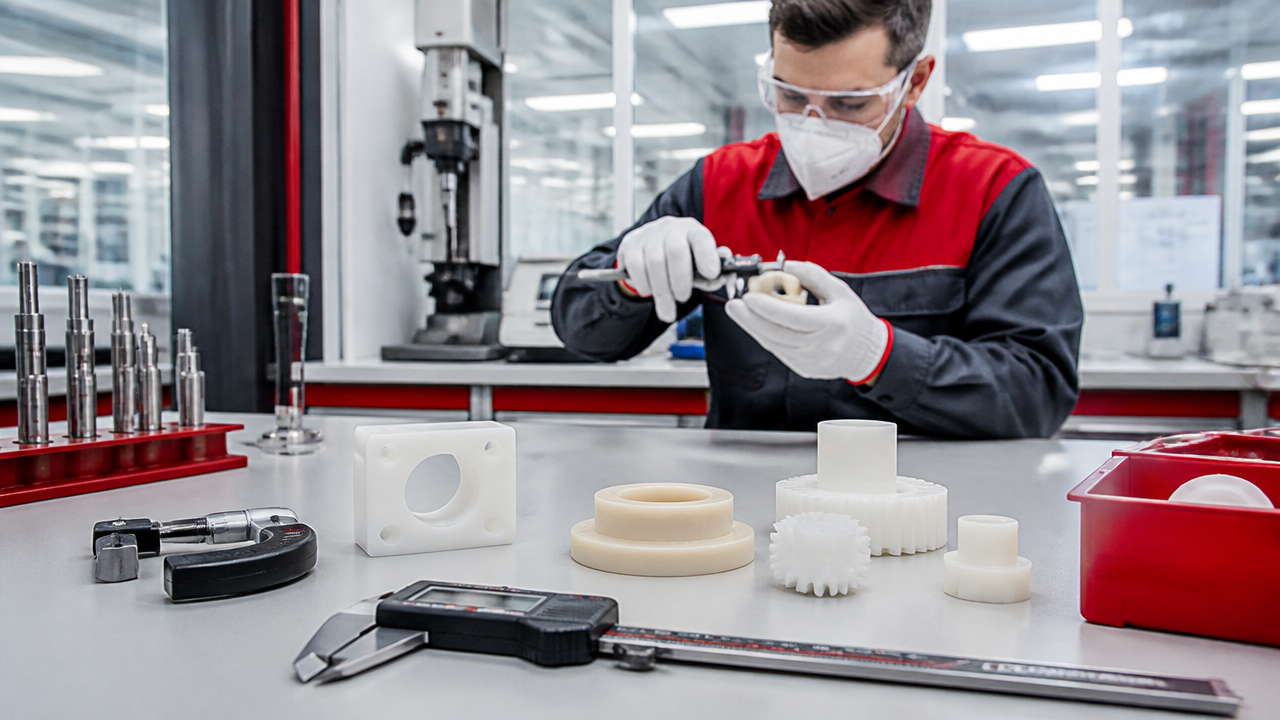 Inspeção de qualidade de peças usinadas em polímeros de engenharia com instrumentos de medição.