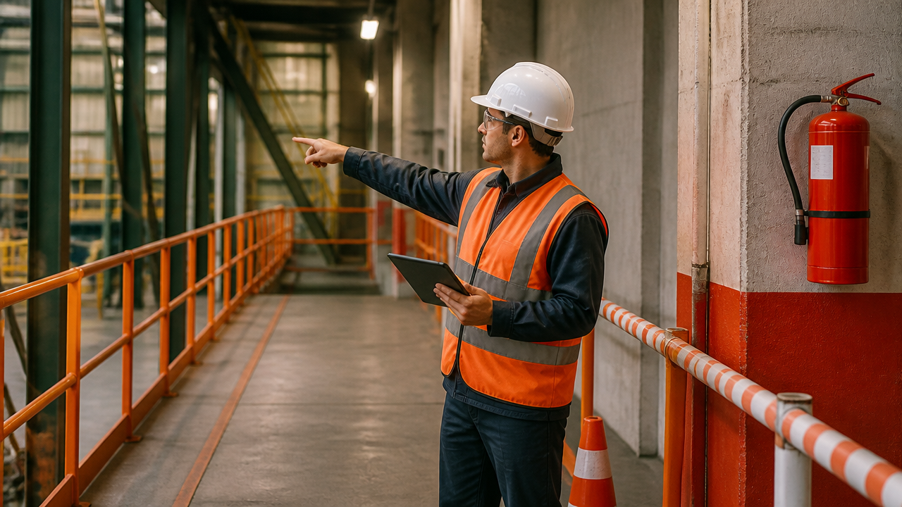 Inspeção de segurança mostrando EPCs instalados em ambiente de trabalho.