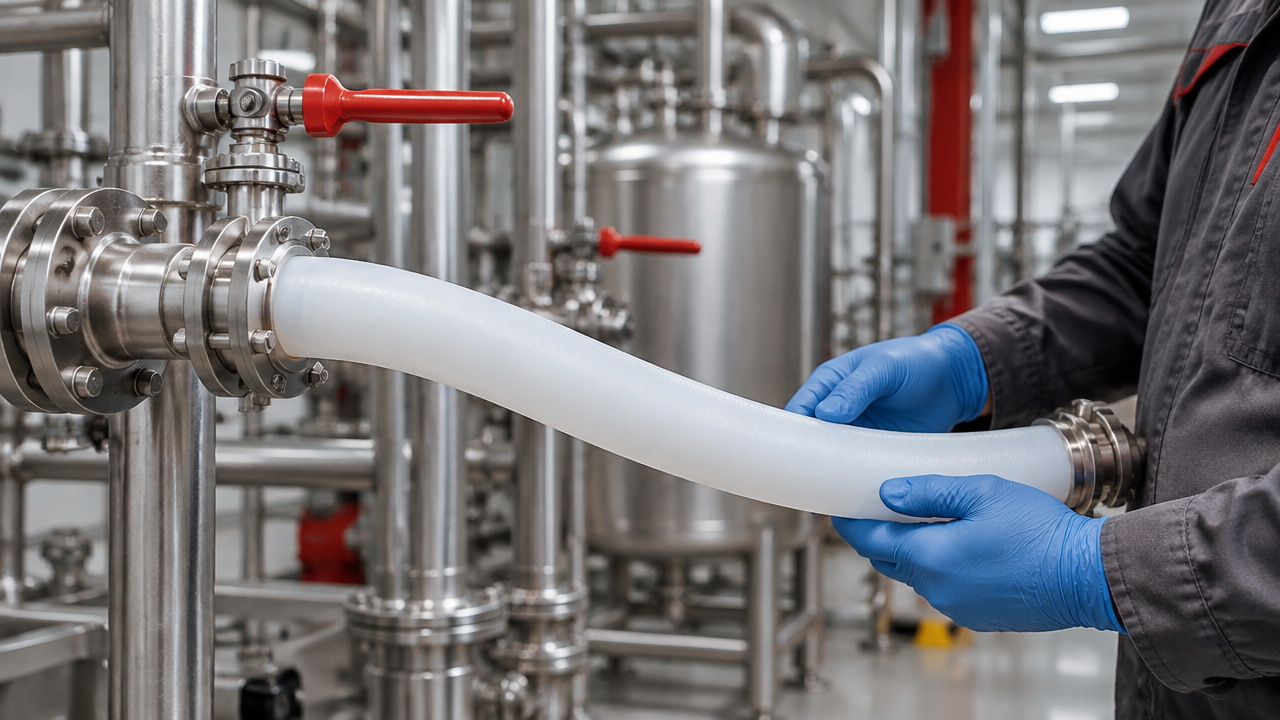 Inspeção de tubo de PTFE conectado a tubulação de processo industrial