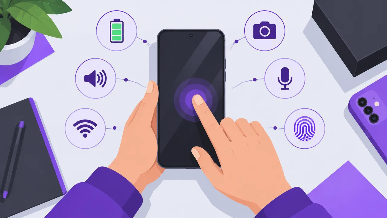 Inspeção funcional de smartphone seminovo, com testes visuais de tela, bateria, câmera, áudio e conectividade.