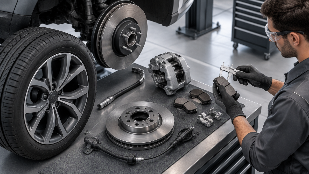 Inspeção técnica de pastilhas, disco e componentes do sistema de freios automotivo