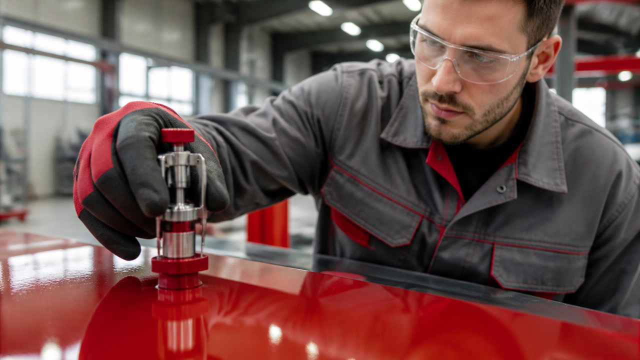 Inspetor realizando teste de aderência da pintura em chapa metálica industrial
