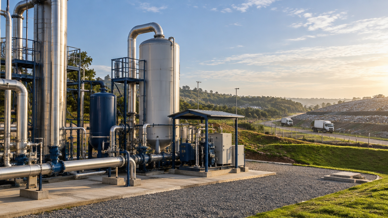 Instalação de captura e purificação de biogás em aterro sanitário, representando a transformação de resíduos em biometano.