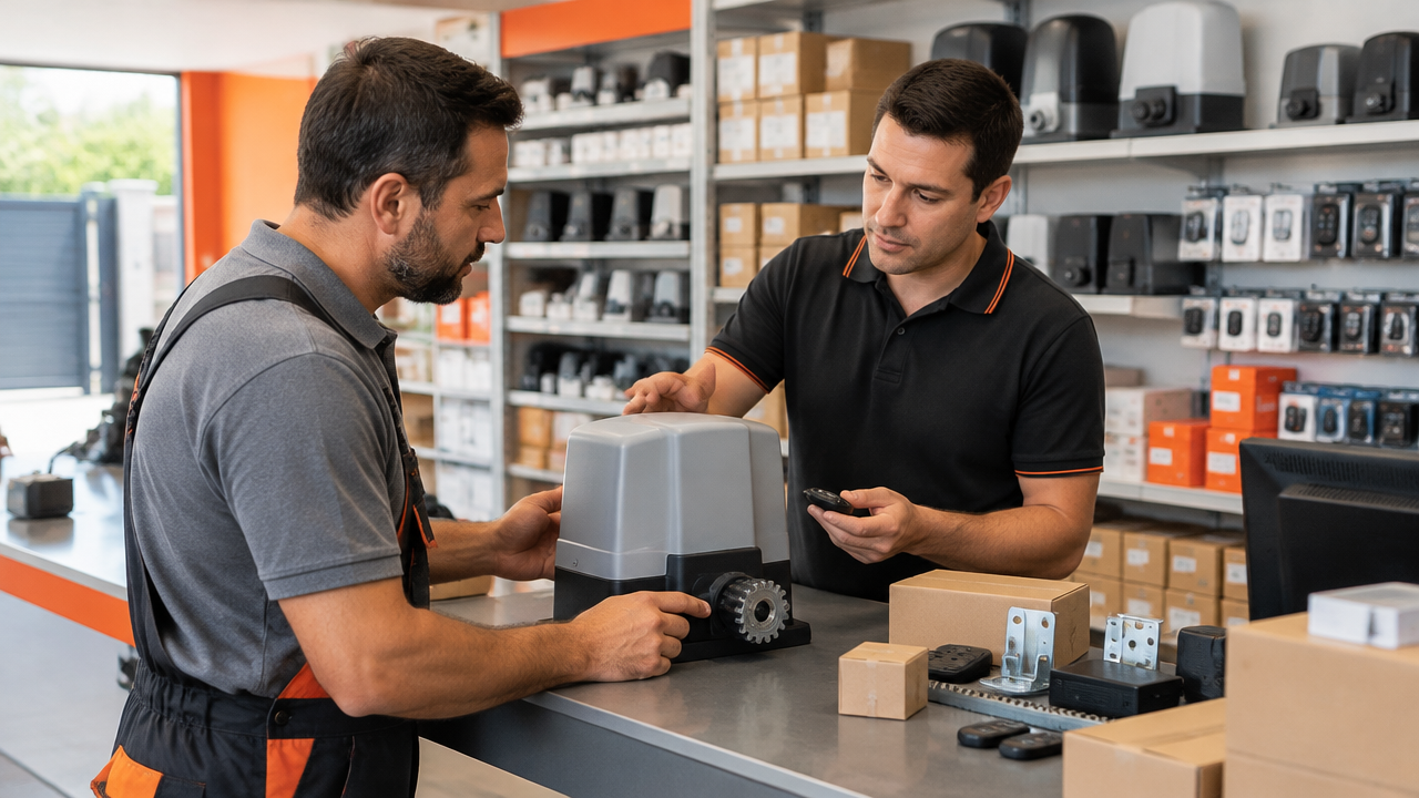 Instalador confere um automatizador e acessórios com atendente técnico em uma distribuidora