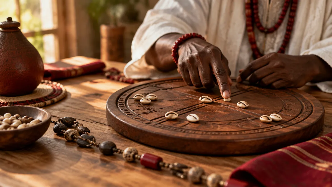 Instrumentos de consulta de Ifá sobre um tabuleiro de madeira, com mãos indicando os sinais interpretados na tradição.