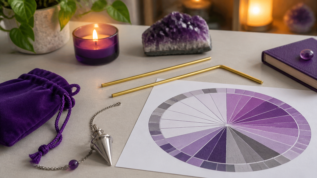 Instrumentos de radiestesia sobre uma mesa, com pêndulo, varetas e gráfico radiestésico