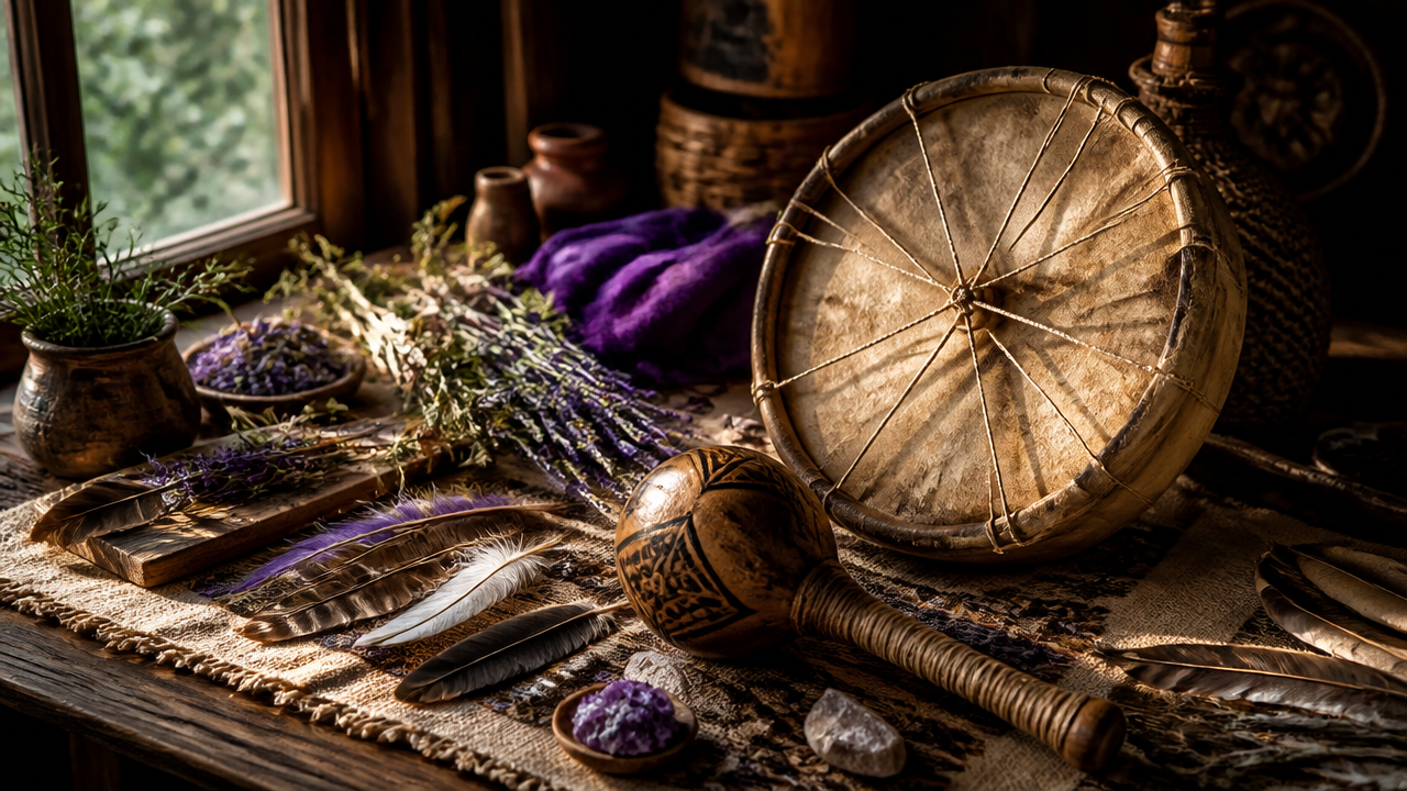 Instrumentos rituais tradicionais, como tambor e maracá, dispostos sobre superfície rústica em ambiente acolhedor.